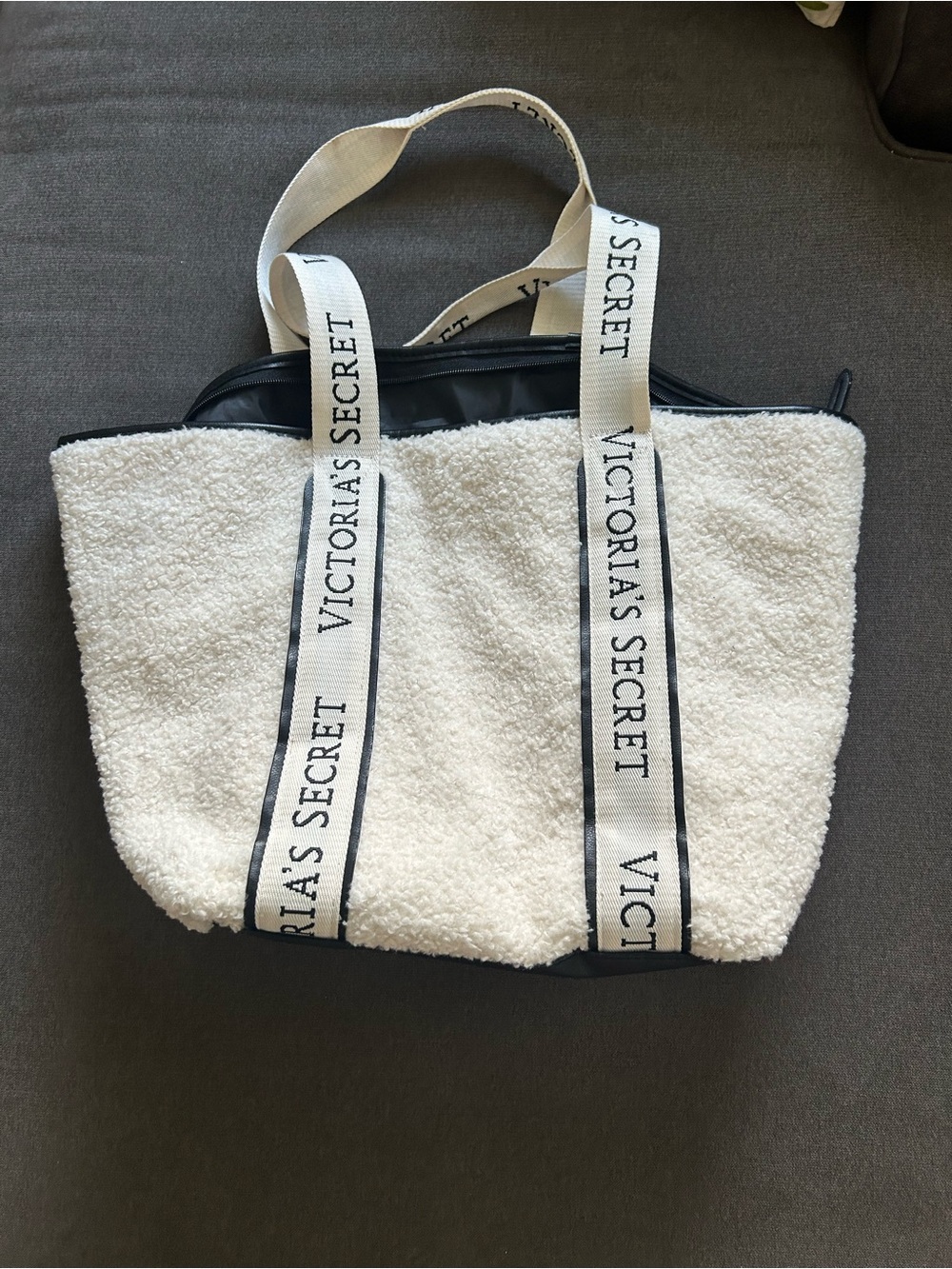 Victoria's Secret Cream Sherpa Tote with Black Trim